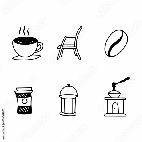 Coffee shop icons with coffee, coffee bean, chair and grinder isolated on white background