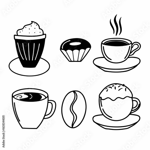 Coffee shop icons with various coffee drinks and coffee bean isolated on white background