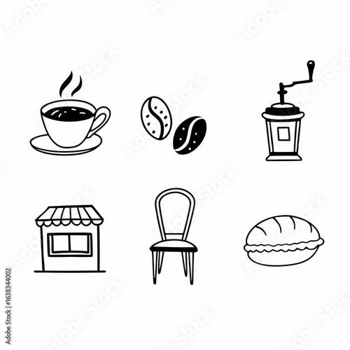 Coffee shop icons with coffee, coffee bean, chair and grinder isolated on white background
