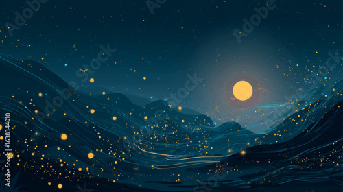 Magical glowing fireflies streaming under moonlight in dark spooky Halloween night vector landscape
