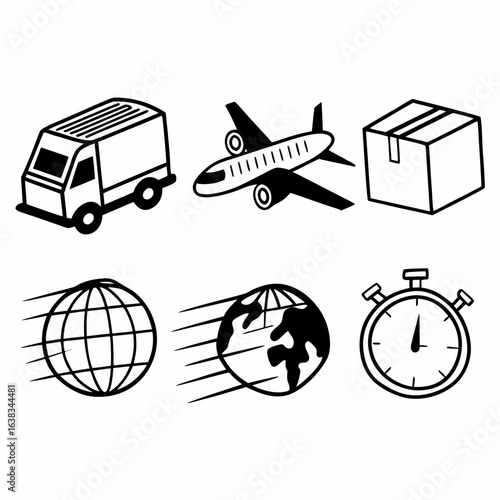 Delivery and shipping icons including van, airplane, box, globe, and stopwatch isolated on white background