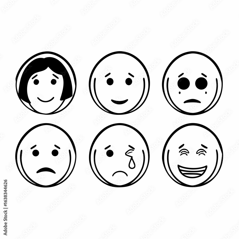 Set of different facial expressions isolated on white background, including happy, sad, angry, and crying Set of different facial expressions isolated on white background, including happy, sad, angry, and crying