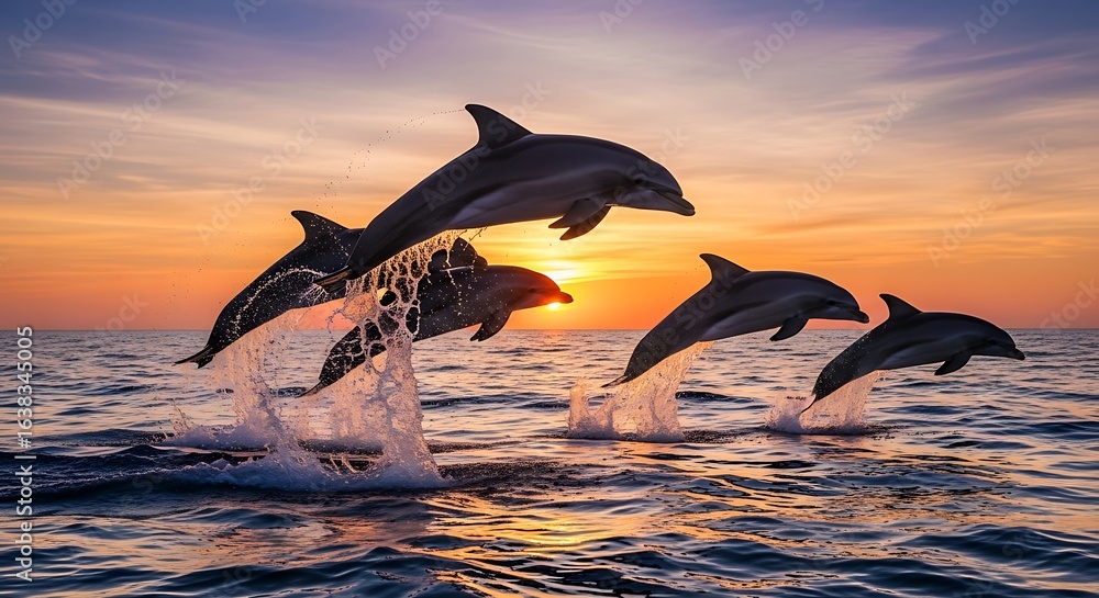 Fototapeta premium Dynamic pod of dolphins leaping in unison against a sunset glow