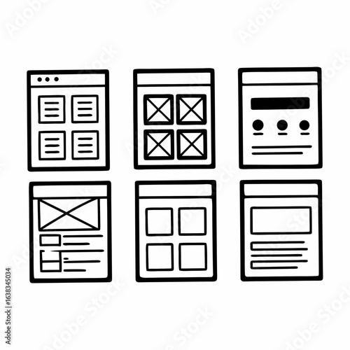 Collection of website wireframes isolated on white background representing web design process