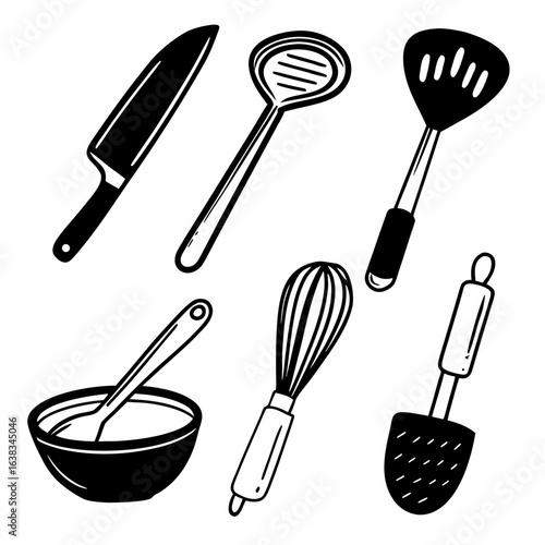 Illustration of various kitchen utensils isolated on white background, including knife, ladle, and spatula