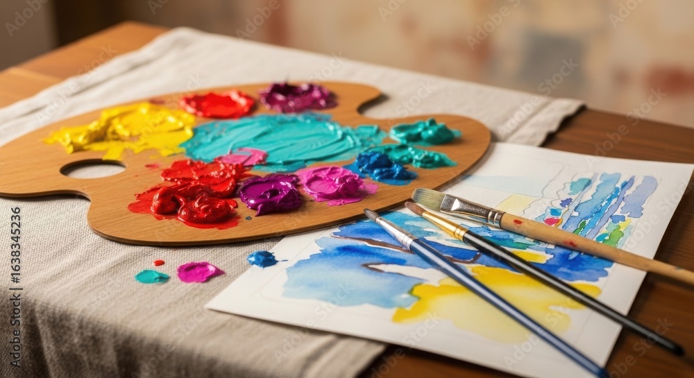 Fototapeta premium Wooden art palette with colorful oil paints and brushes on a canvas painting