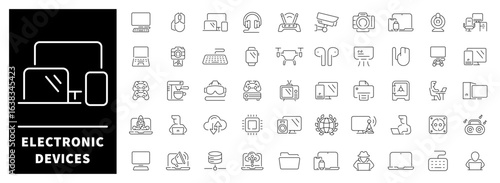 Electronic devices vector icons in line style. Electronic devices icons collection. Smartphones, tablets, laptops, desktops, and other electronic devices 