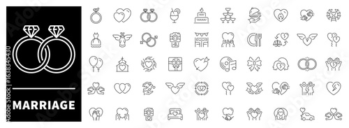 Marriage vector icons in line style. Love related icons collection. Romantic celebration set of 50 linear icons for marriage and love. Rings, couples, wedding cakes, hearts, and romantic symbols