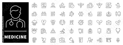 Medicine vector icons in line style. Medicine related icons. Healthcare, treatment, diseases, and medical equipment.