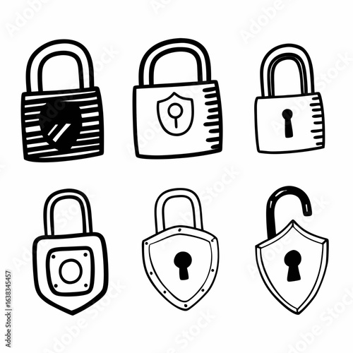 Hand drawn security padlock icons isolated on white background representing network safety and data protection