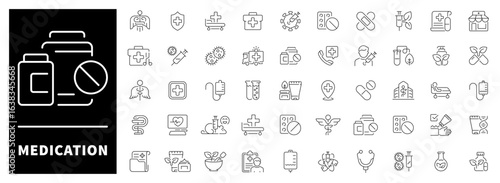 Medication vector icons in line style. Medicine related icons