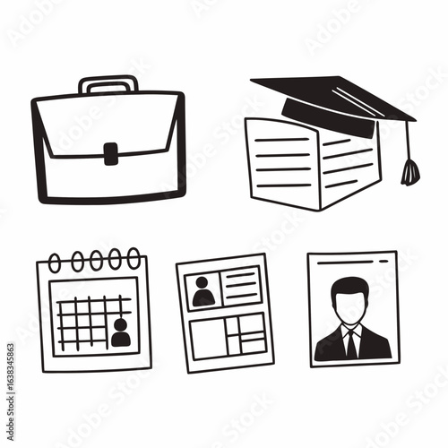 Job application and career planning concept with calendar, resume, briefcase, and graduation cap isolated on white background