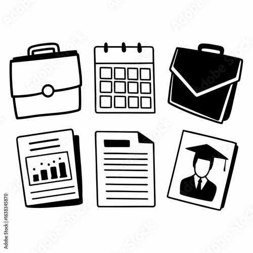 Job application and career planning concept with calendar, resume, briefcase, and graduation isolated on white background