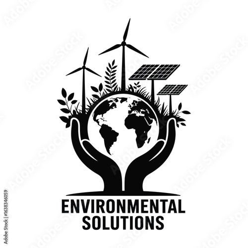 Vector illustration of environmental issues and solutions silhouette isolated black and white