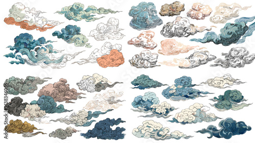 Decorative cloud illustration set in various colors and textures, inspired by traditional Asian art with ornate swirling patterns.