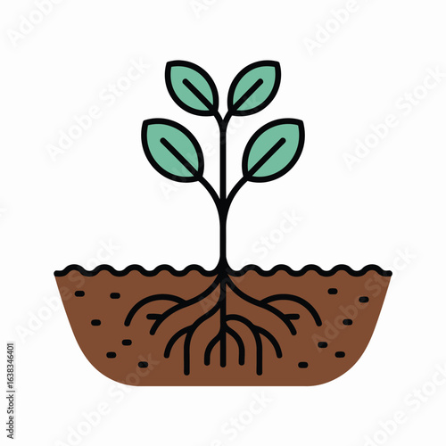 Vibrant seedling growing from fertile soil with visible healthy root system illustration
