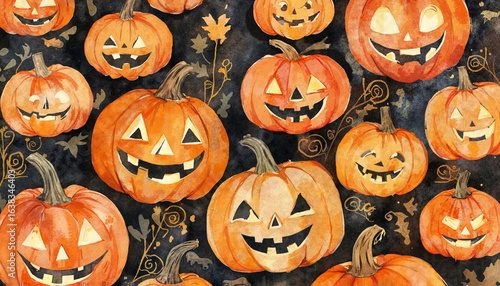 Halloween pumpkins pattern design with smiling faces on black background for festive celebration