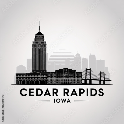Cedar Rapids Skyline Silhouette — Historic Iowa City on the Cedar River Vector Illustration