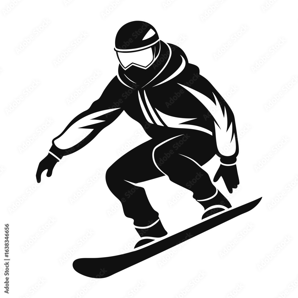 Fototapeta premium Monochrome Depiction of a Snowboarder in Action Against Mountainous Backdrop, Showcasing Winter Sports and Outdoor Adventure