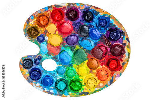 Wooden artist paint palette with many vibrant color mixtures isolated on a transparent background