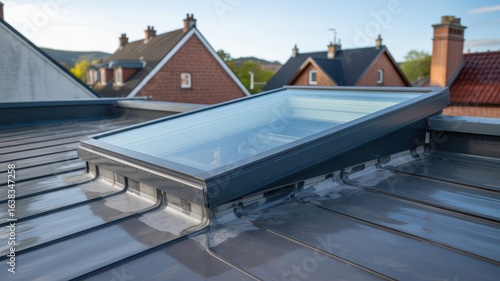 Modern skylight window installed on house roof providing natural light and ventilation.