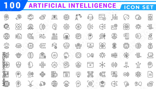 Artificial intelligence icon set. Containing machine learning, data science, AI, virtual assistant, generative AI, technology, Turing test and more.