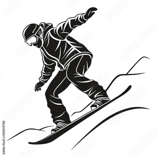 Monochrome Depiction of a Snowboarder in Action Against Mountainous Backdrop, Showcasing Winter Sports and Outdoor Adventure