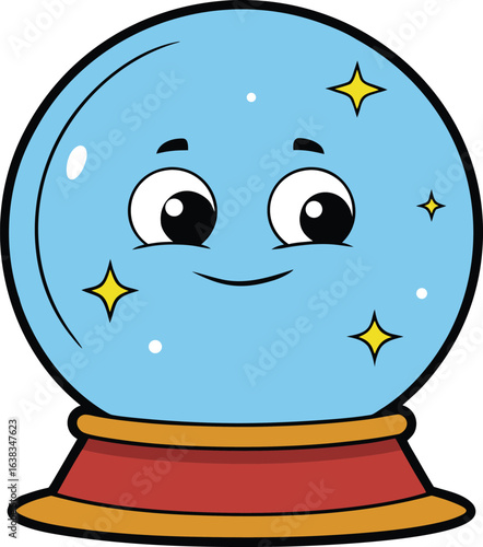 Cute cartoon crystal ball with a happy face and sparkling stars on a red stand
