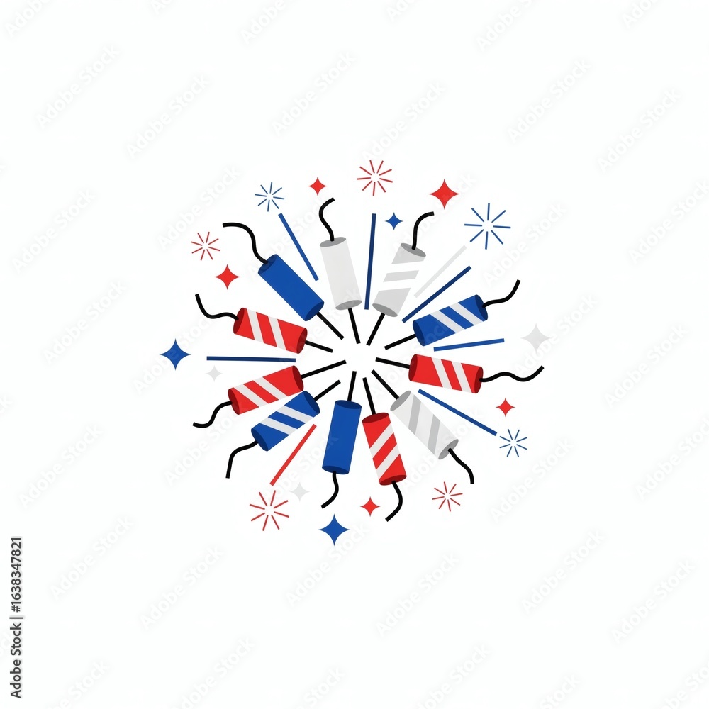 Fototapeta premium Exploding bundle of red, white, and blue firecrackers with sparks and fireworks, representing patriotic celebrations like American Independence Day on a white background