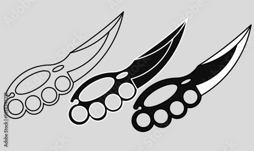 Vector set of brass knuckle knives in outline, partial fill, and solid silhouette styles. Ideal for weapon icons, martial arts, combat gear, or security design use.