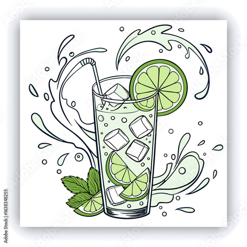 A tall glass of mojito, centered in the image. The glass is filled with ice cubes, lime wedges, and fresh mint leaves. Water splashes and swirling water droplets surround the glass, creating a dynami