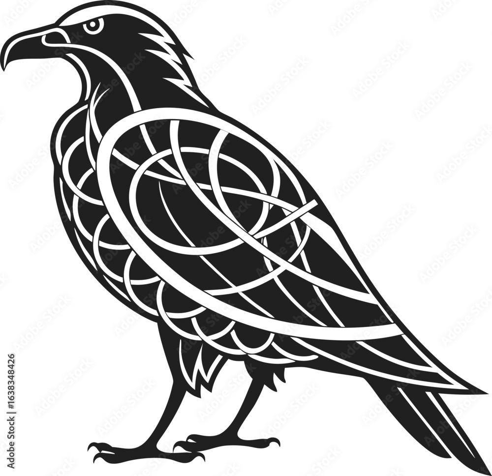 Obraz premium Vector illustration of silhouette of a bird with open wings flying on a white background.