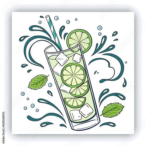A tall glass of mojito, centered in the image. The glass is filled with ice cubes, lime wedges, and fresh mint leaves. Water splashes and swirling water droplets surround the glass, creating a dynami