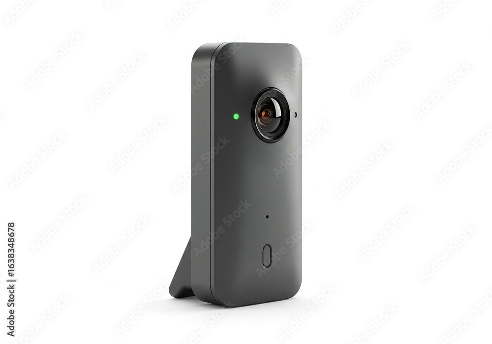 Fototapeta premium A black 360 degree camera with a green indicator light isolated on white background