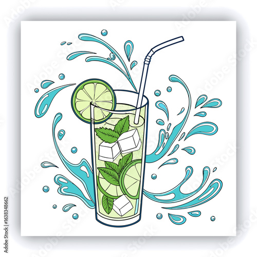 A tall glass of mojito, centered in the image. The glass is filled with ice cubes, lime wedges, and fresh mint leaves. Water splashes and swirling water droplets surround the glass, creating a dynami