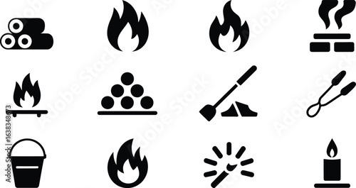Black and white fire icons:  campfire, matches, logs,  candle,  safety,  tools,  minimalist style.