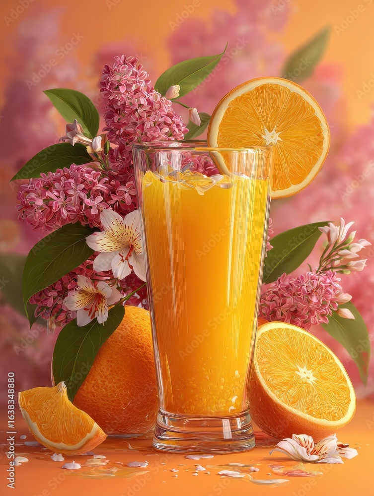 Fototapeta premium orange juice in a glass with flowers