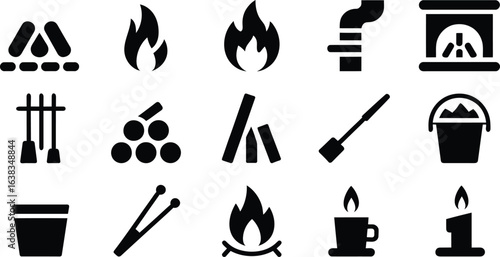 Black and white fire, fireplace, and camping icons; minimalist design.