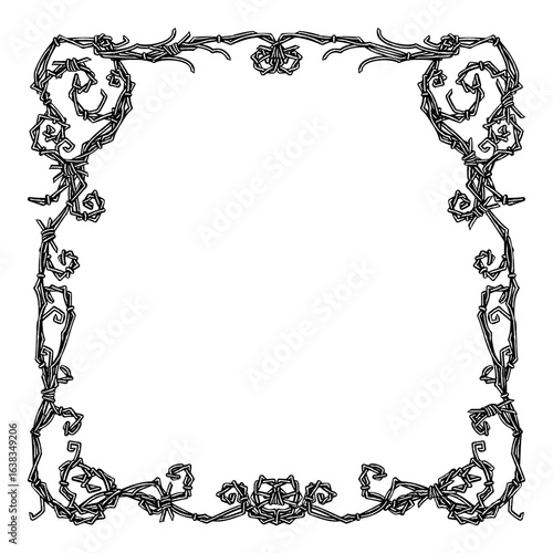 A decorative square frame illustration made of intricate barbed wire and thorny vines, featuring twisted lines and floral details, creating a dark yet elegant border design on a white background