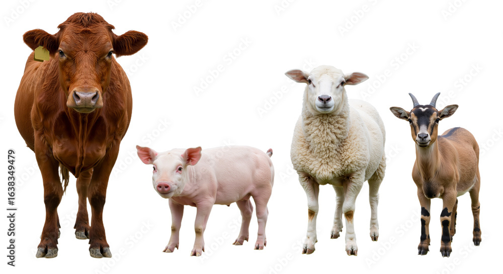 Obraz premium A group of diverse farm animals including a cow, pig, sheep, and goat standing together in a row on a white background.
