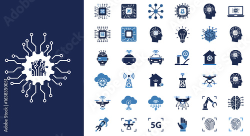 A comprehensive vector set showcasing various aspects of modern technology, including artificial intelligence, cloud computing, smart homes, and autonomous vehicles, presented in a clean, minimalist