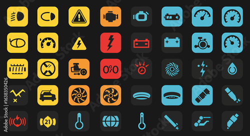 Vector illustration of various car dashboard warning lights, providing a clear and modern visual representation of potential vehicle issues for educational or informational purposes.