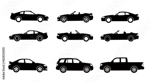 Collection of diverse black car silhouettes including sports cars, convertibles, SUVs, and pickup trucks, presented as clean vector graphics on a white background.