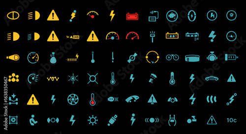 Collection of modern car dashboard warning lights and indicators presented in a clean vector graphic style on a black background.