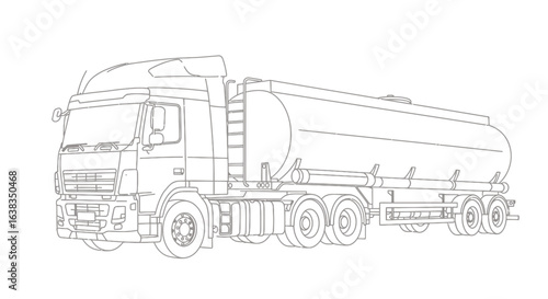 A detailed vector illustration showcases a fuel tanker truck, rendered in a clean line art style, perfect for design projects, emphasizing transportation and industry themes.