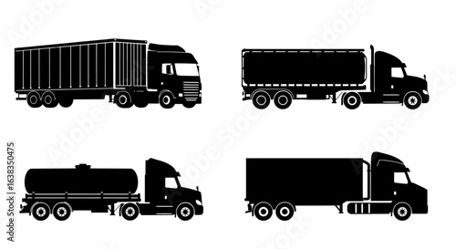 A collection of four black silhouette vector illustrations of various semi-trucks, showcasing different cargo configurations, perfect for transport and logistics-themed graphic design projects.