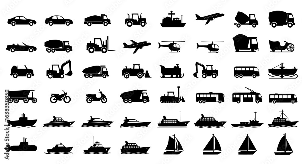 Fototapeta premium A collection of various vehicle silhouettes, including cars, trucks, boats, and aircraft, presented in a clean, vector-based PNG format, ideal for transportation-themed designs and projects.