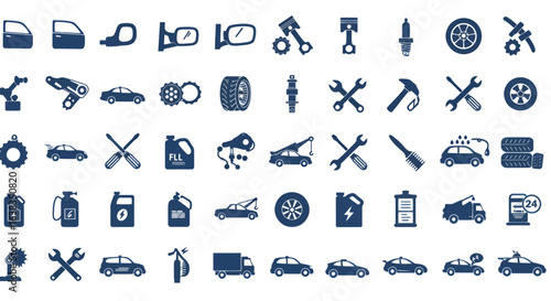 Collection of blue car and automotive repair icons in a grid format, perfect for digital design and automotive services.