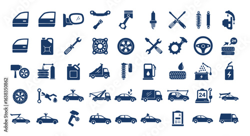 Detailed vector illustration showcasing various car parts and automotive service elements, perfect for use in infographics or transportation-related designs and presentations.