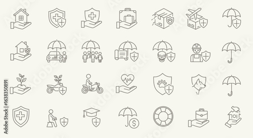 A comprehensive collection of outline vector icons representing various types of insurance, including health, home, car, and travel protection concepts.